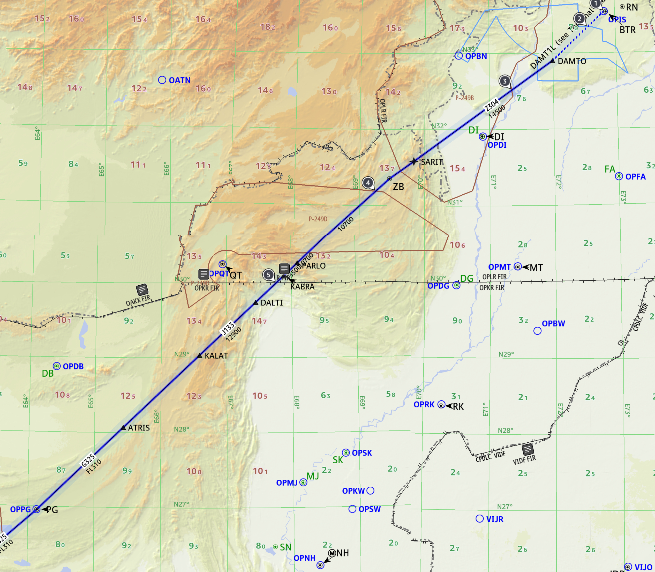 Planned route via J133 airway (image extracted from Jeppesen FD Pro)