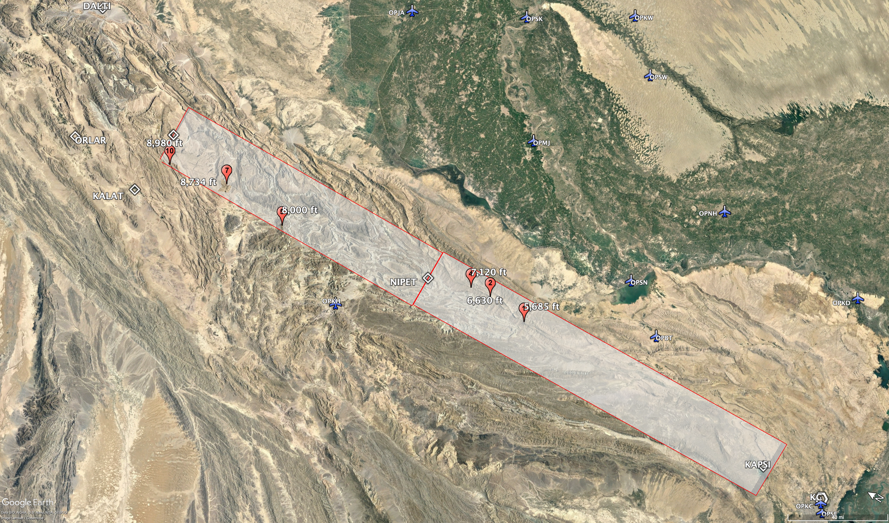 Indication of most significant terrain peaks (generated using Google Earth)
